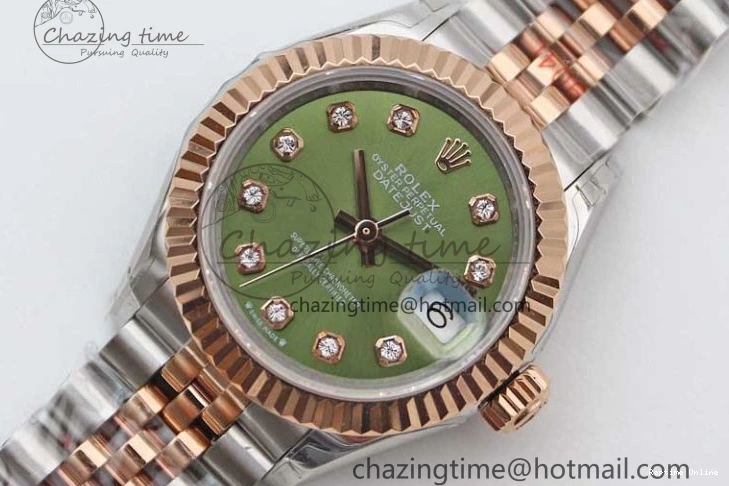 0511 Lady DateJust 28 SS RG TWF 1:1 Best Edition Green Dial Diamonds Markers on Jubilee Bracelet NH Trendsetting 2130